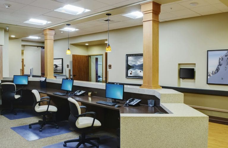 Empty receptionist desk in assisted living facility